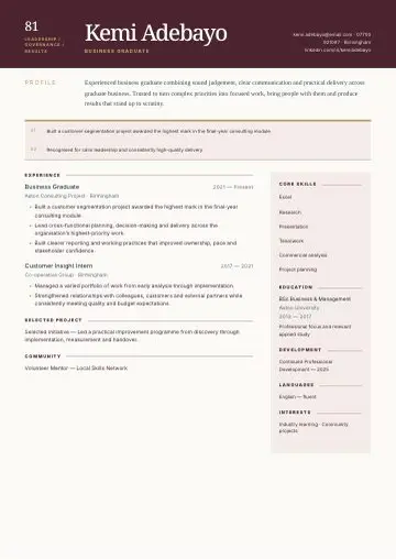 Burgundy Ledger CV template preview