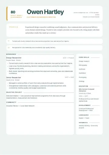 Orange Metric CV template preview